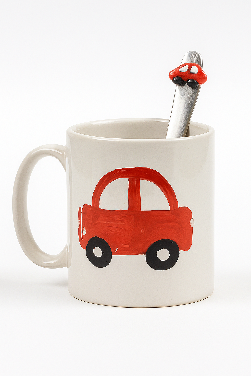 Hand-Painted Ceramic Car Mug with Matching Handmade Spoon β Unique Gift for Car Lovers