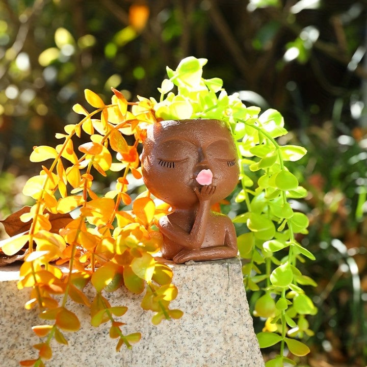 Face Planters Pots Head Cute Kiss Girl Mermaid Resin Pot Head Planter with Drainage Hole