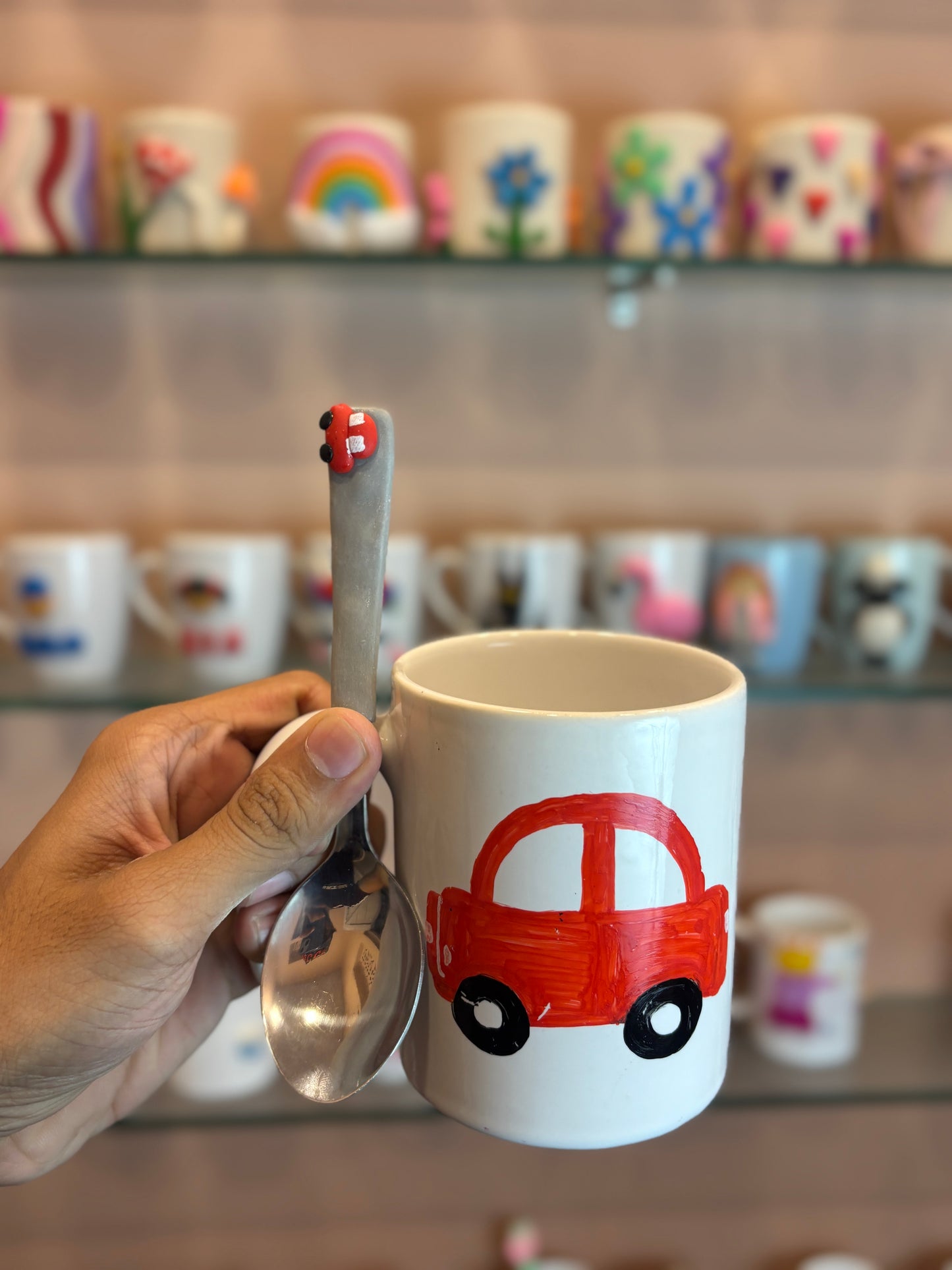 Hand-Painted Ceramic Car Mug with Matching Handmade Spoon β Unique Gift for Car Lovers