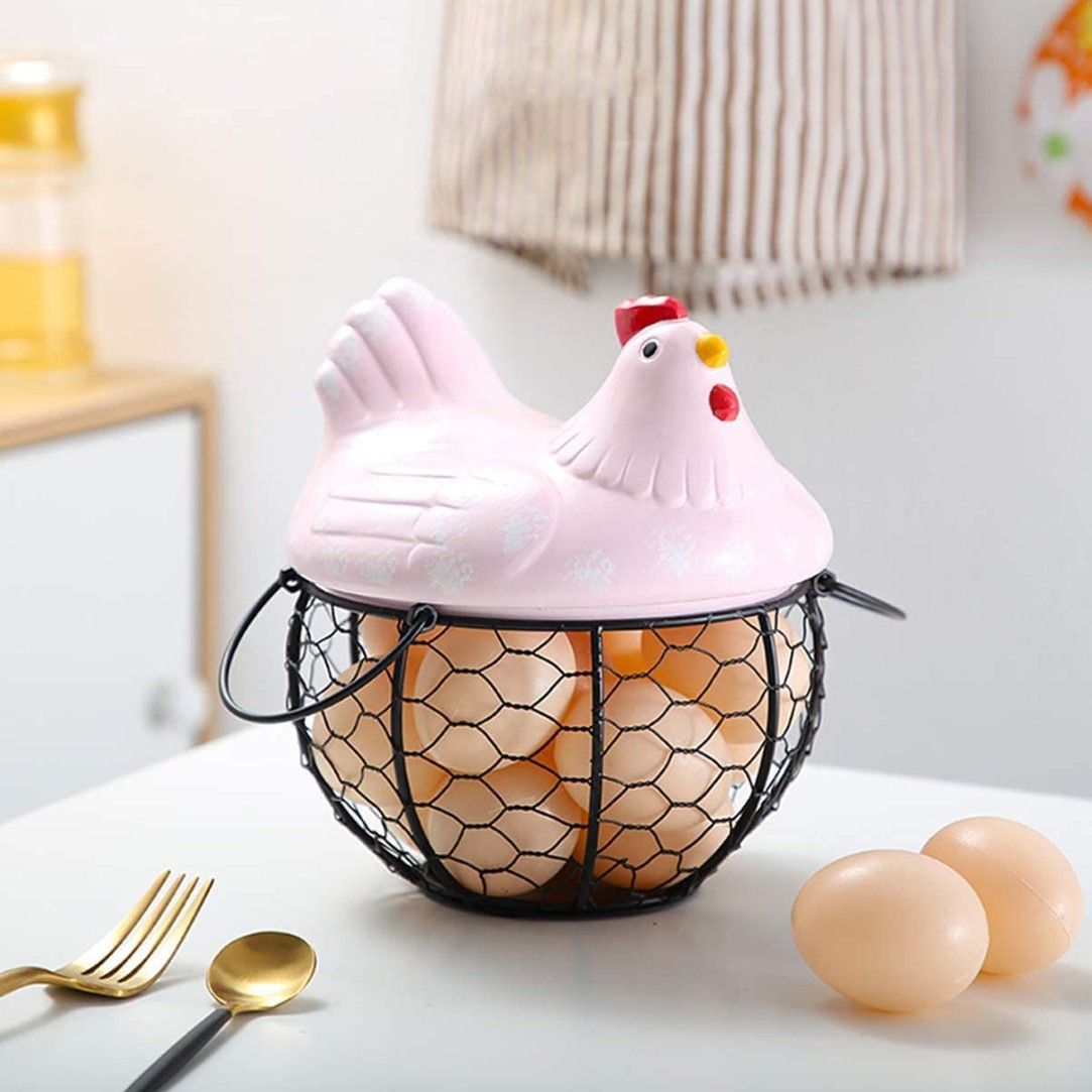 Storage Basket Egg Wire Cover Hen Shaped Iron Art Egg Tray Container Vegetable Egg Holder for Kitchen