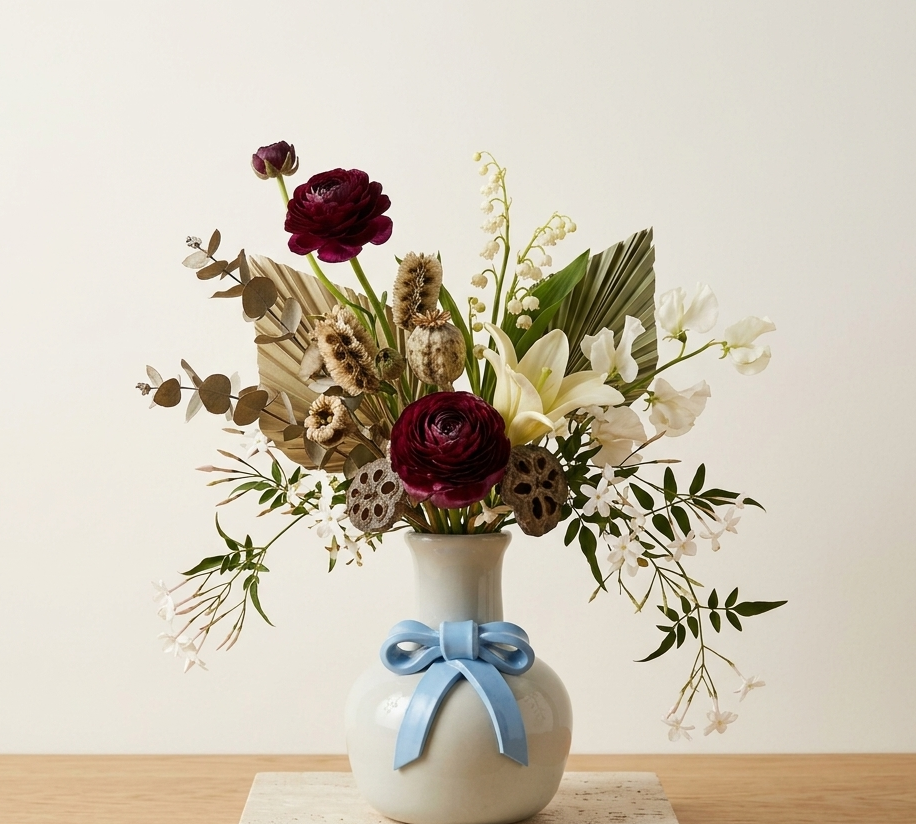 Blue Bow Handmade Ceramic Bottle Vase