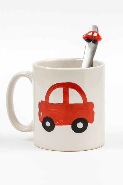 Hand-Painted Ceramic Car Mug with Matching Handmade Spoon – Unique Gift for Car Lovers