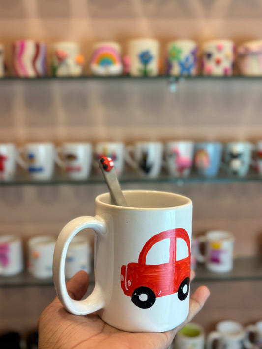 Hand-Painted Ceramic Car Mug with Matching Handmade Spoon – Unique Gift for Car Lovers